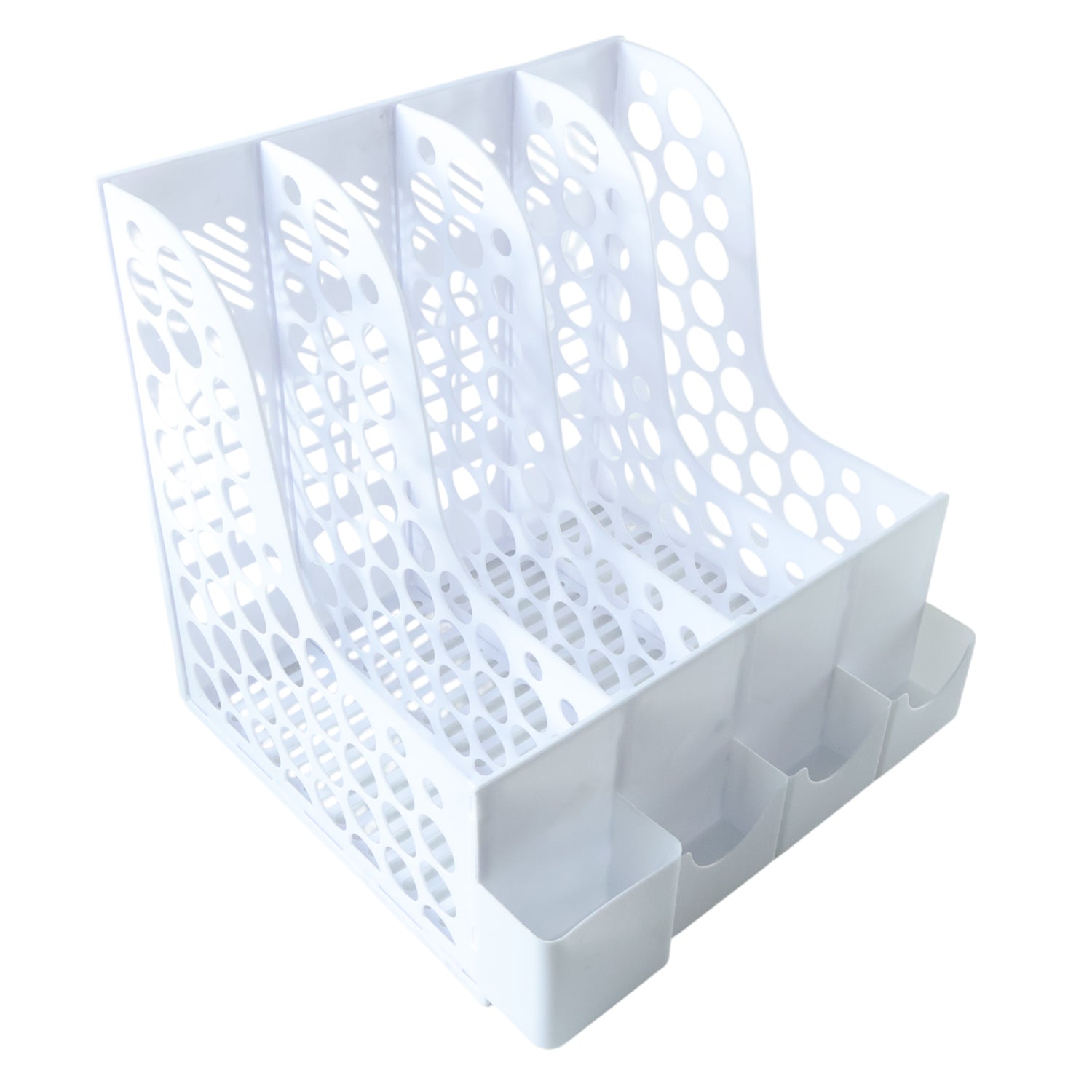 File holder with multiple vertical slots to organize documents and notebooks.