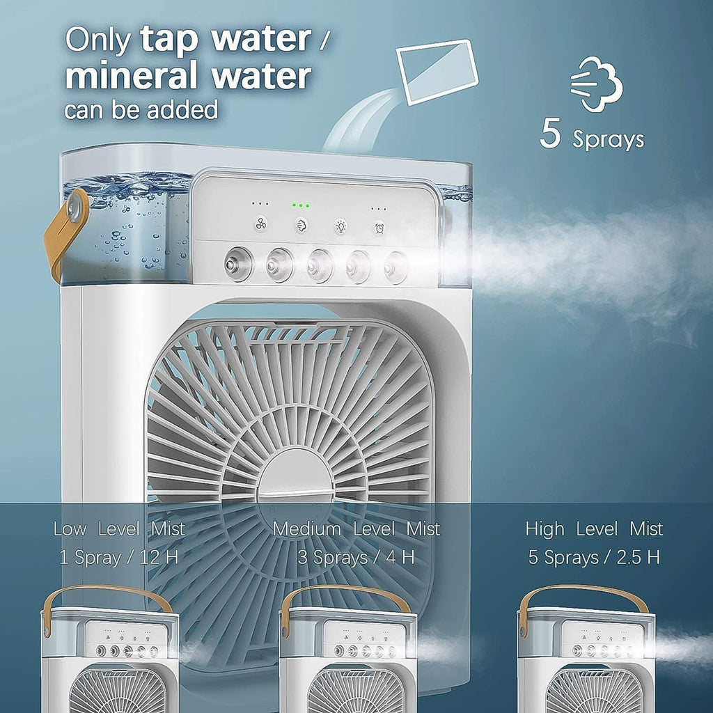 Main product shot of portable air cooler fan with 7-color light
