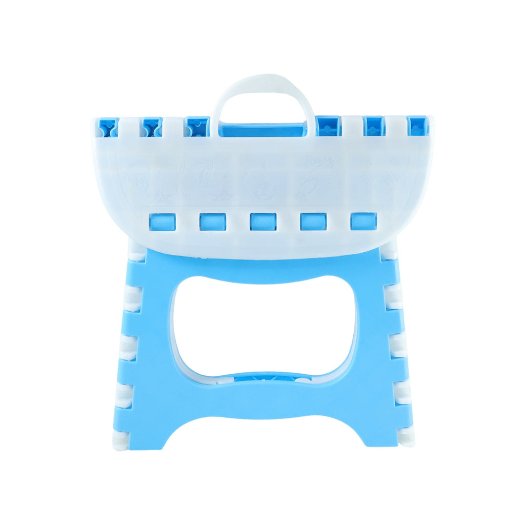 Adult using foldable step stool to reach high kitchen shelf