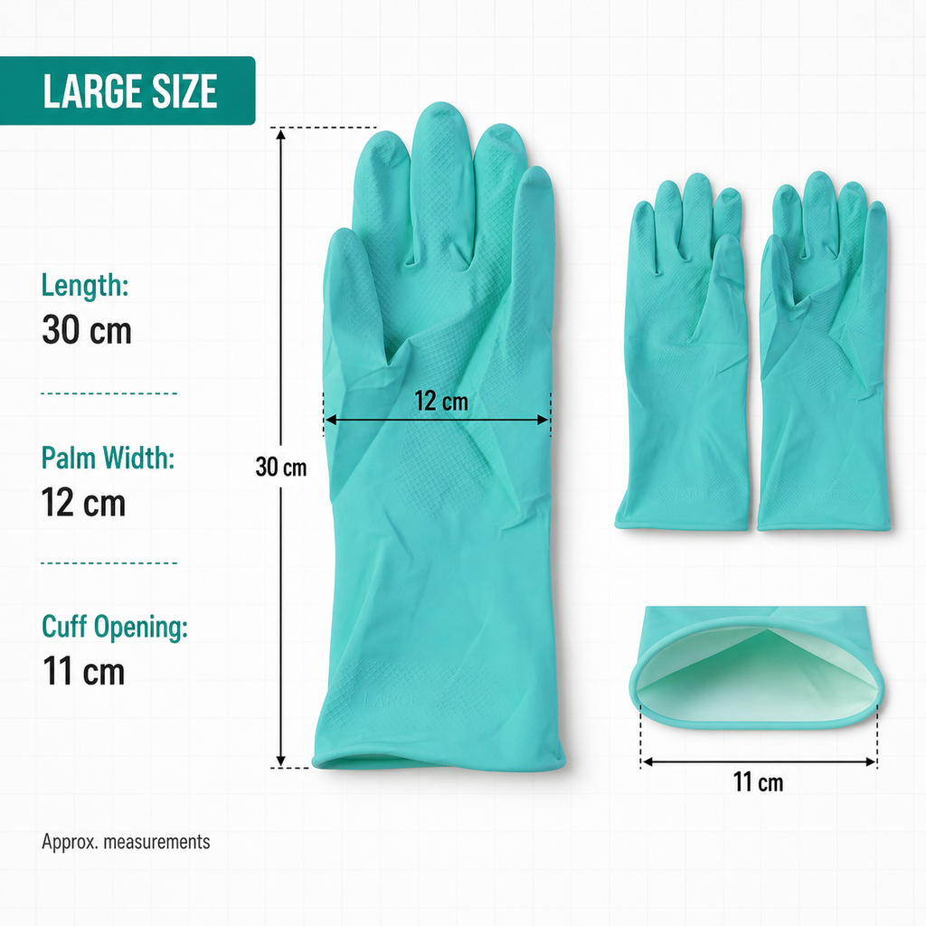 Size and dimensions chart of rubber gloves