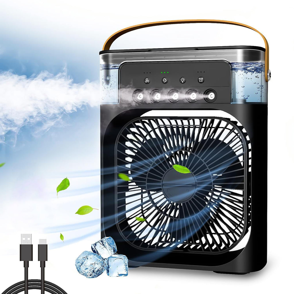 Size reference with portable air cooler fan on desk