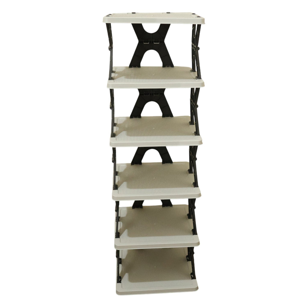 Lifestyle view of 6 layer shoe rack stand in home entryway