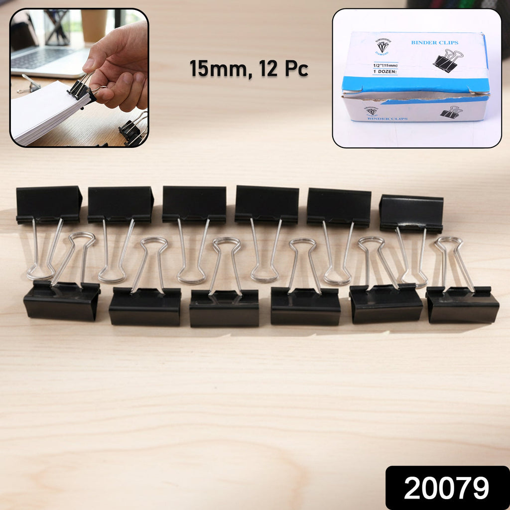 Close-up of black metal paper binder clips for office use