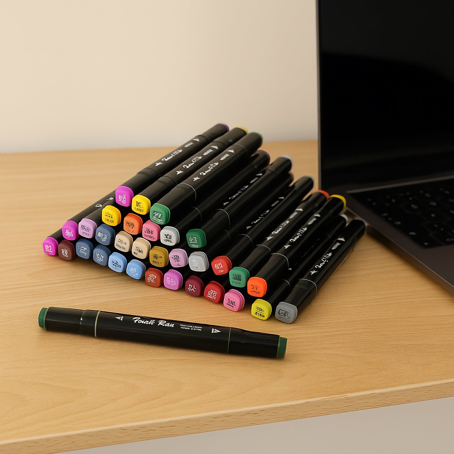 Variety of bright colors in dual-tip sketch markers for creative projects
