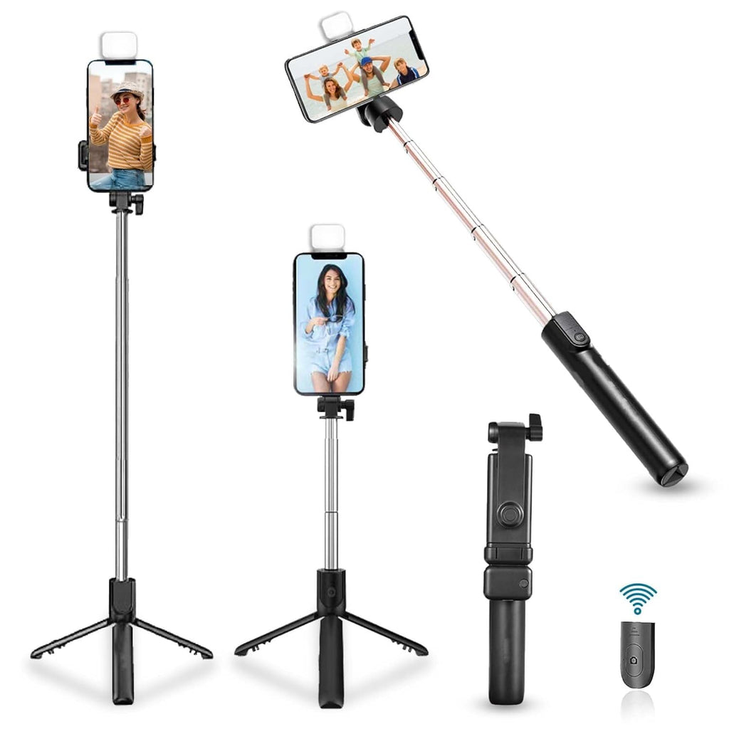 Compact wired selfie stick folded for easy portability and storage.