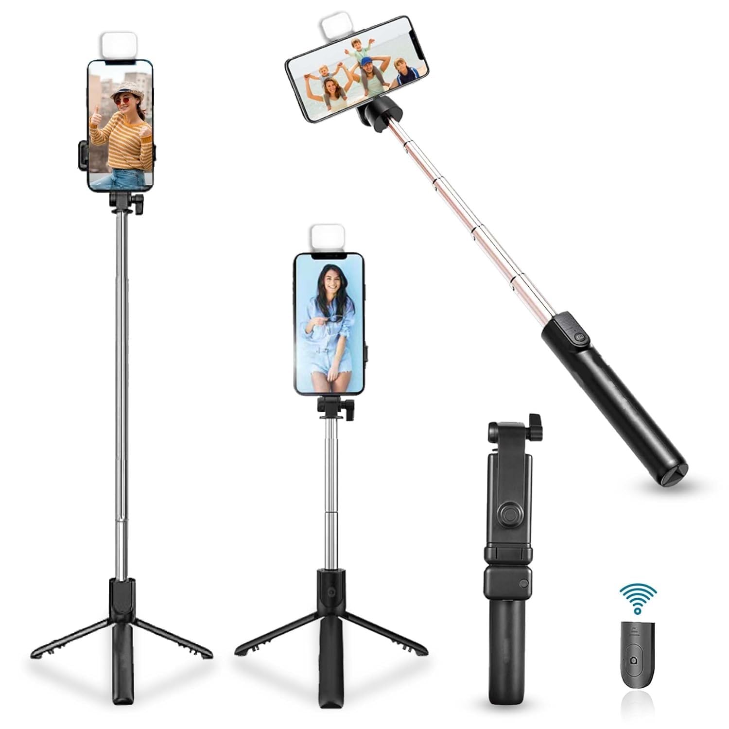 Compact wired selfie stick folded for easy portability and storage.