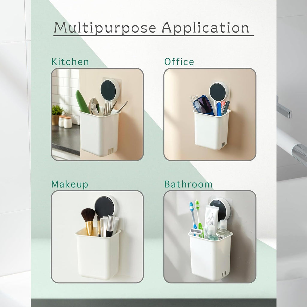 Space saving bathroom organizer cups mounted on a clean wall surface