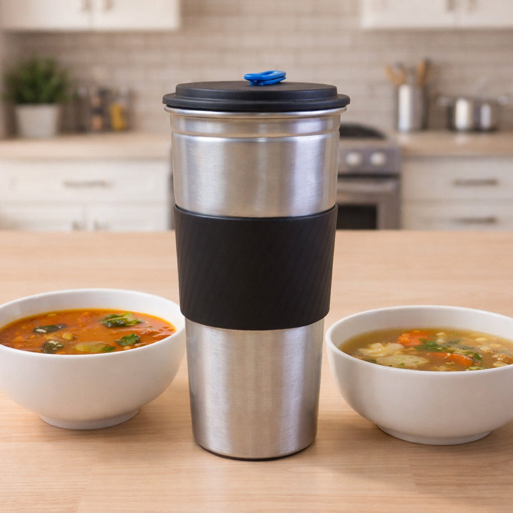 Stainless steel travel tumbler with insulated grip and leak-resistant lid