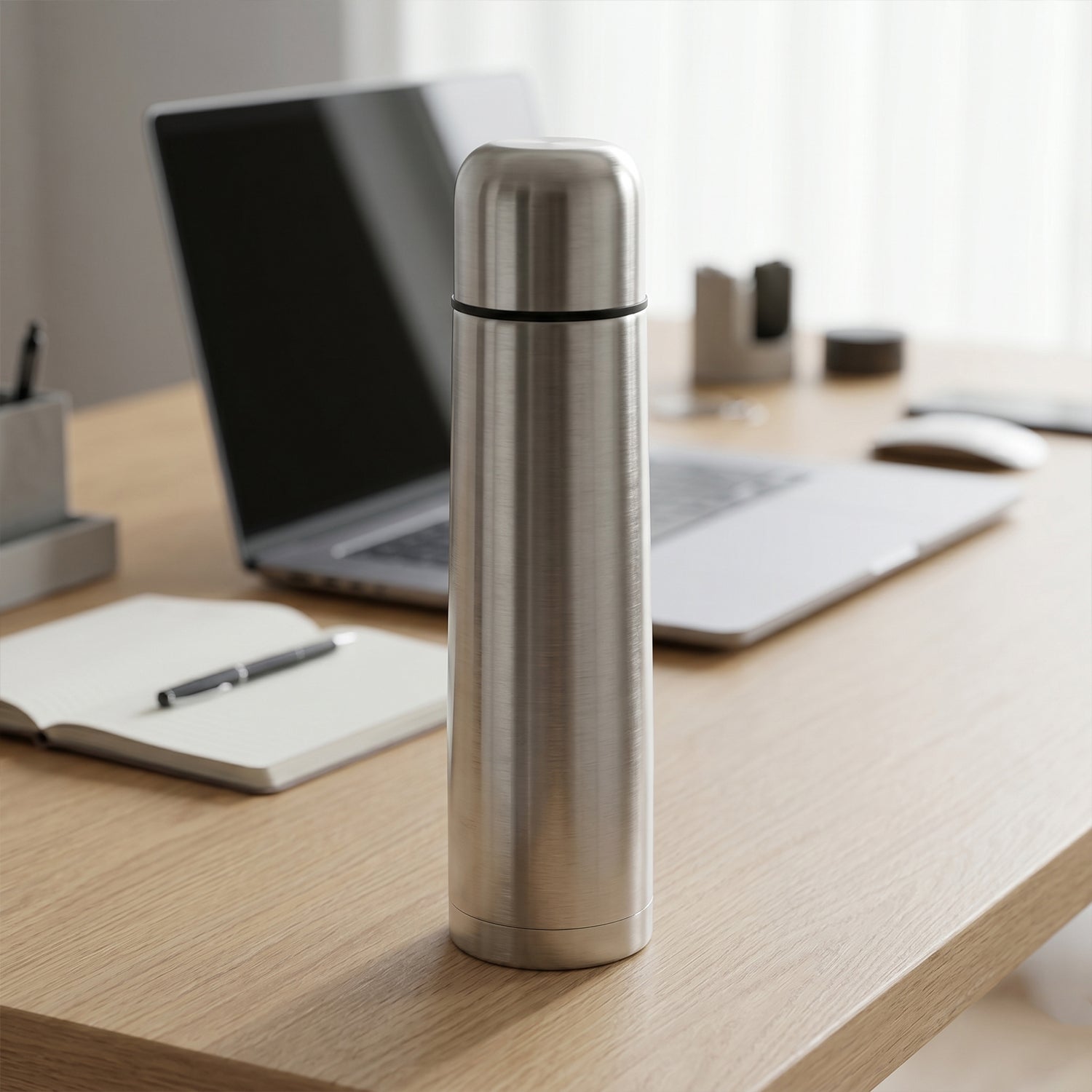 Stainless steel thermos with carry bag, ideal for outdoor trips