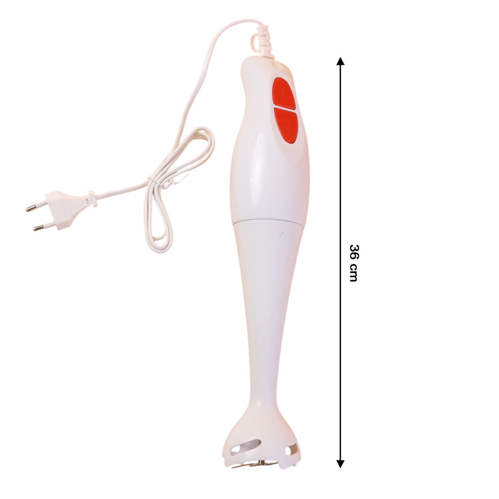 Front view of electric hand blender stick with stainless steel blades
