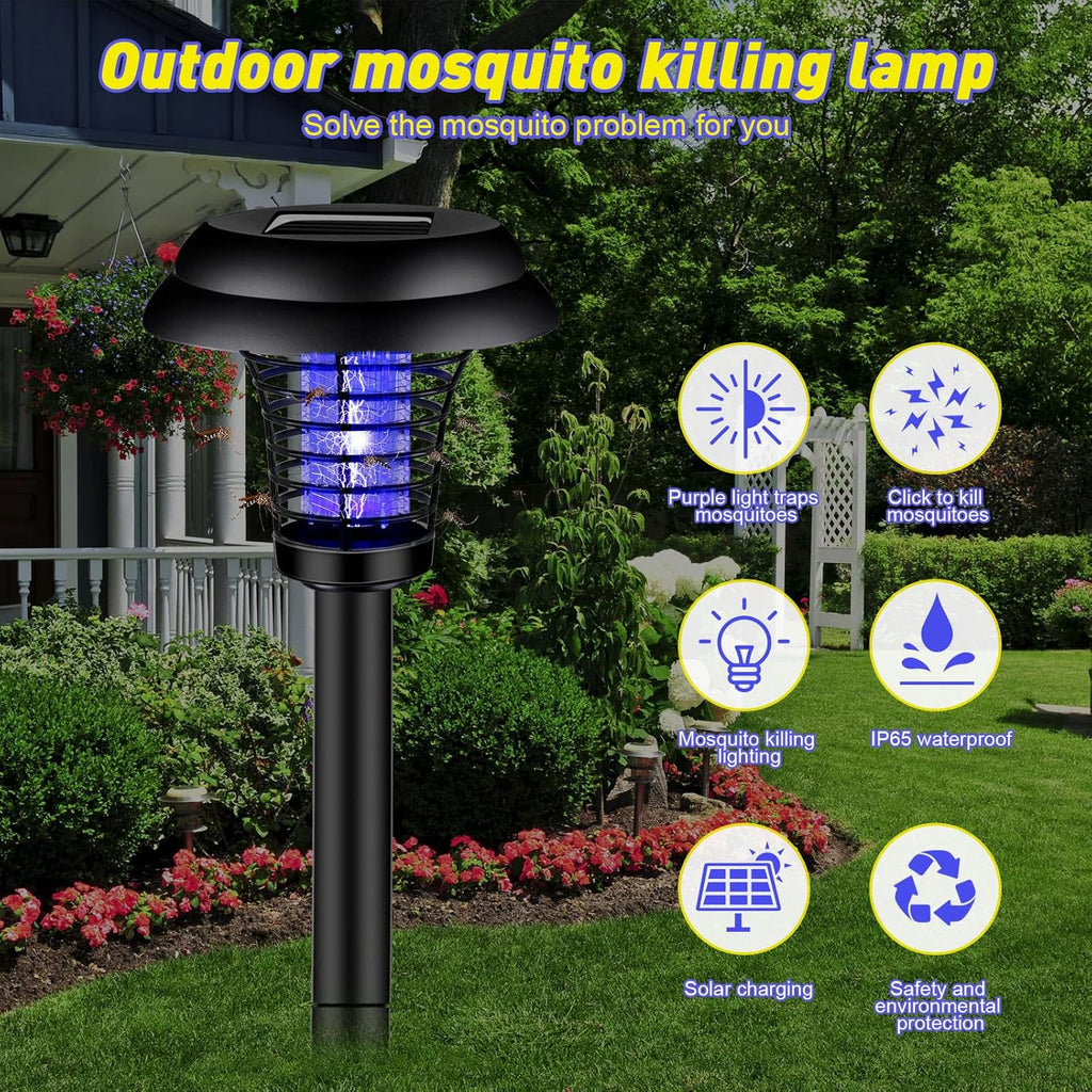 Outdoor garden light featuring solar mosquito zapper functionality