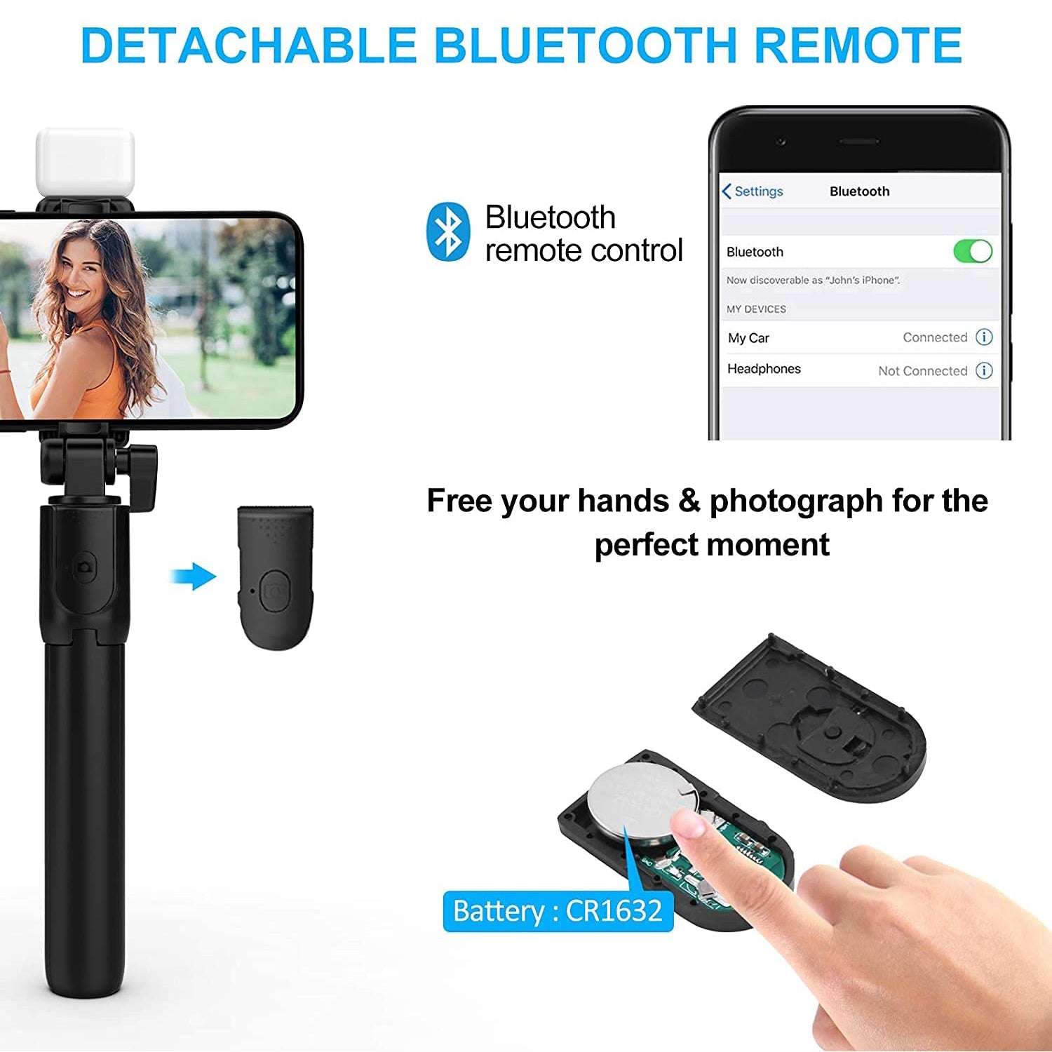 Wired selfie stick with tripod and lighting, ideal for content creation.
