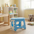 Child using foldable step stool at bathroom sink for easy reach