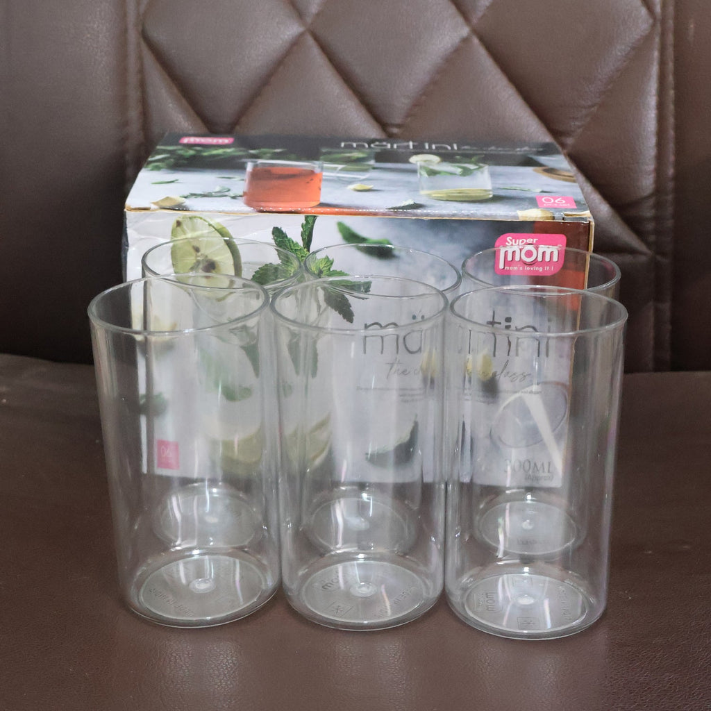 Detailed view of Supermom Martini plastic clear glass set showing clarity