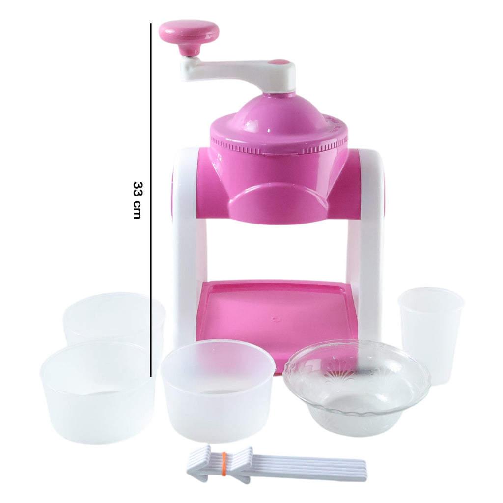 Fully assembled pink manual ice slush maker on kitchen counter