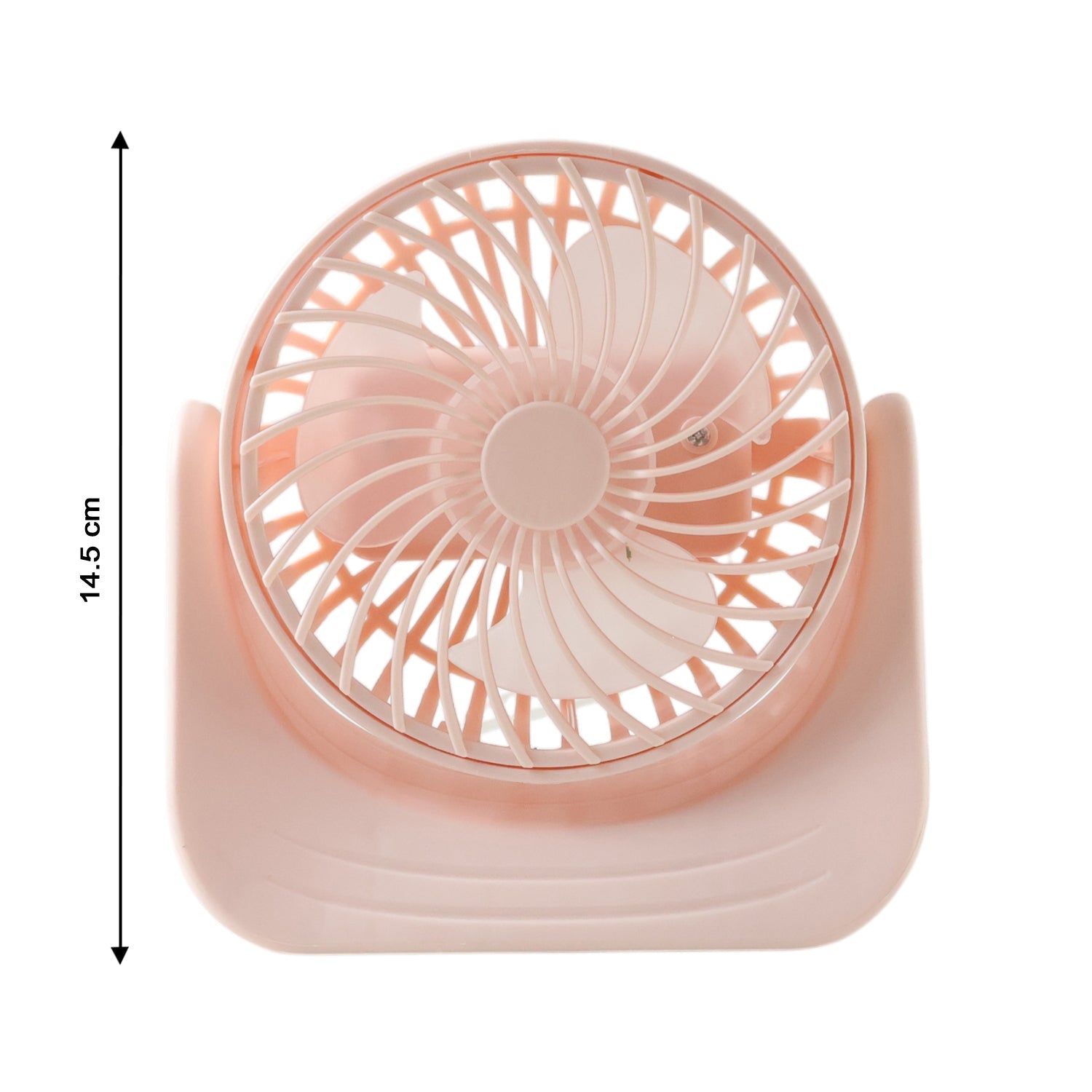 Front view of silent mini desk fan with protective grill design