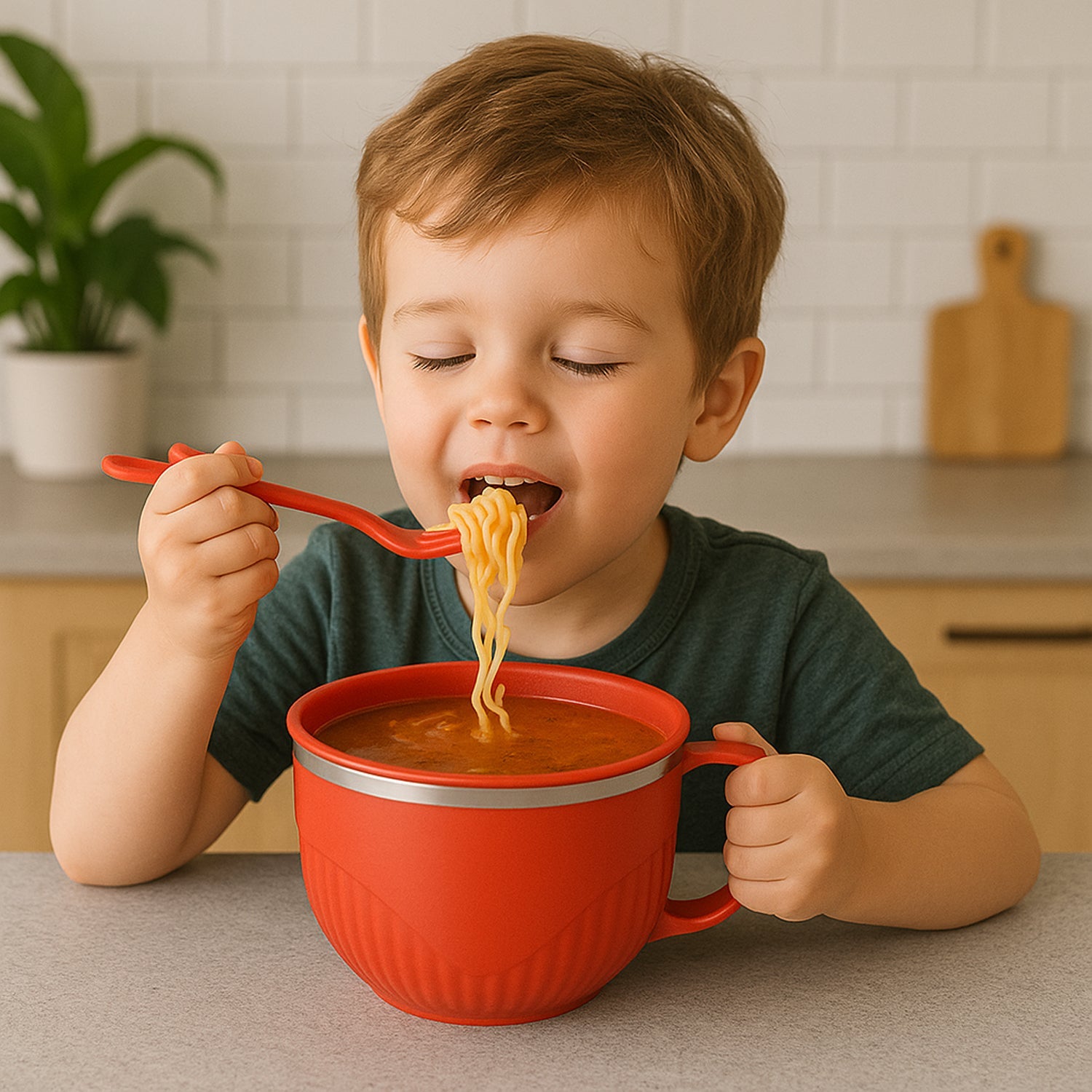 The complete insulated soup bowl set with lid, handle, spoon, and fork.