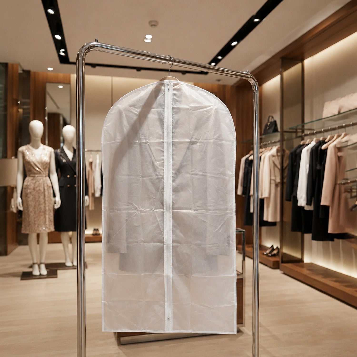 Store display showcasing multiple foldable suit covers for effective wardrobe storage.