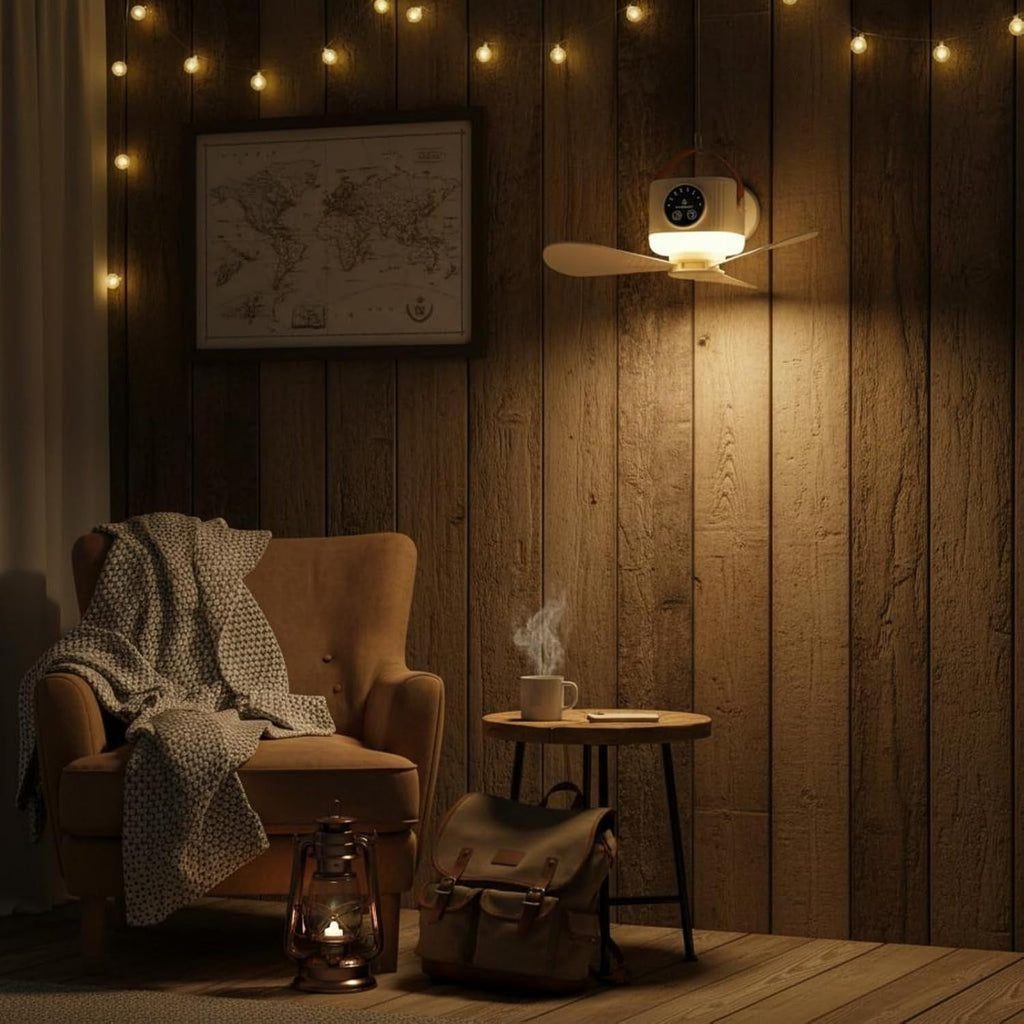 Camping tent fan with light, timer and hanging hook for outdoors