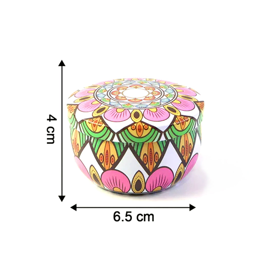 Decorative mandala metal candle container showcasing vibrant colors