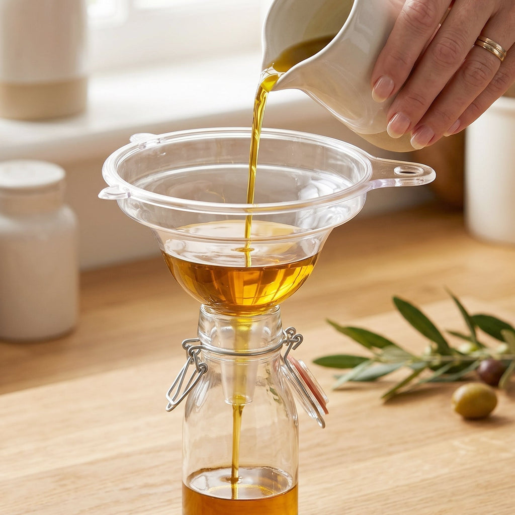 Funnel pouring oil into bottles in kitchen setting
