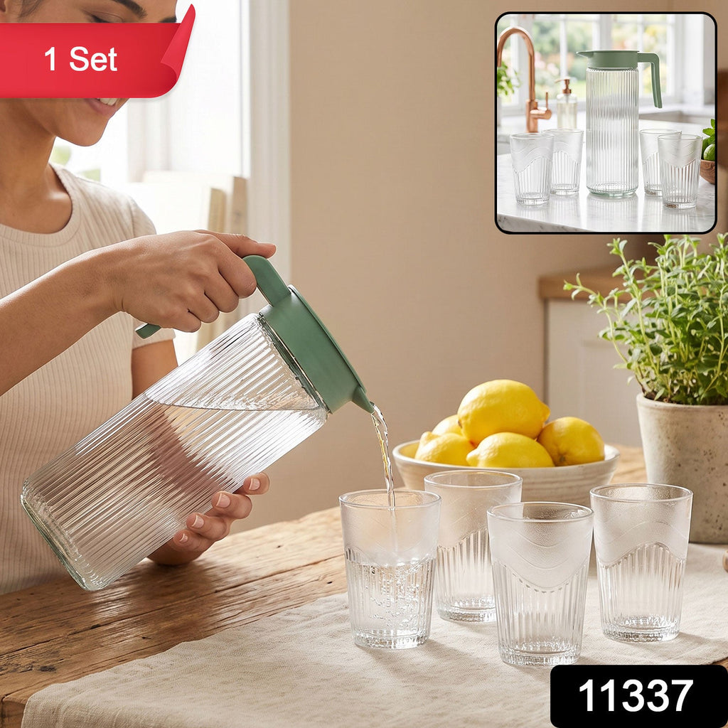 Ribbed glass jug 4 glasses set
