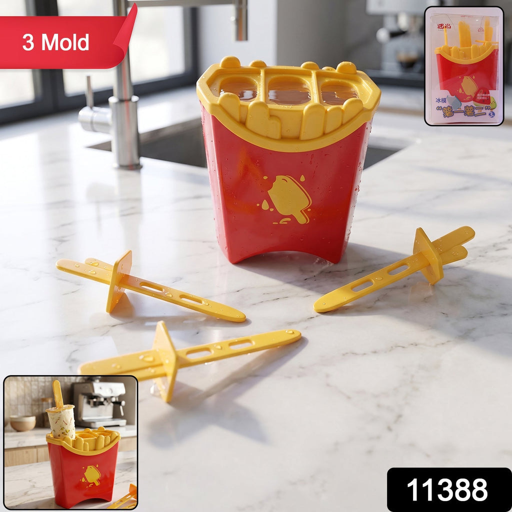 Complete ice pop mould set with three reusable sticks and fry box design.