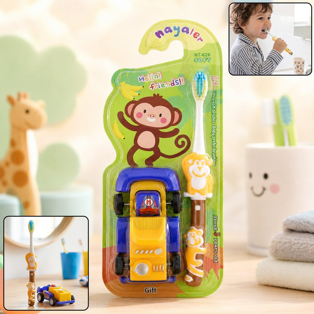 Kids cartoon toothbrush with toy, soft bristle children's brush (2 pcs)