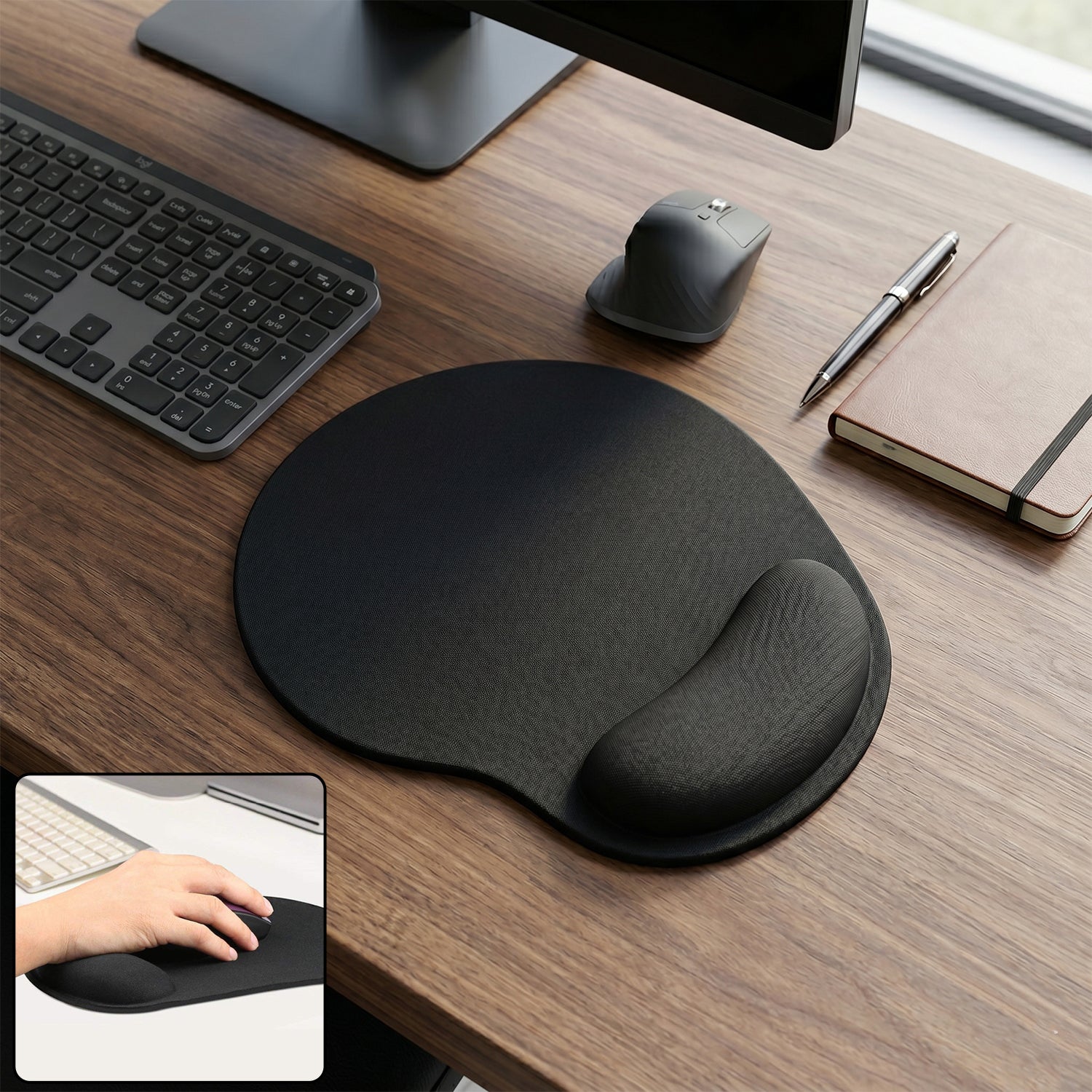 Close-up of gel wrist support on ergonomic mouse pad