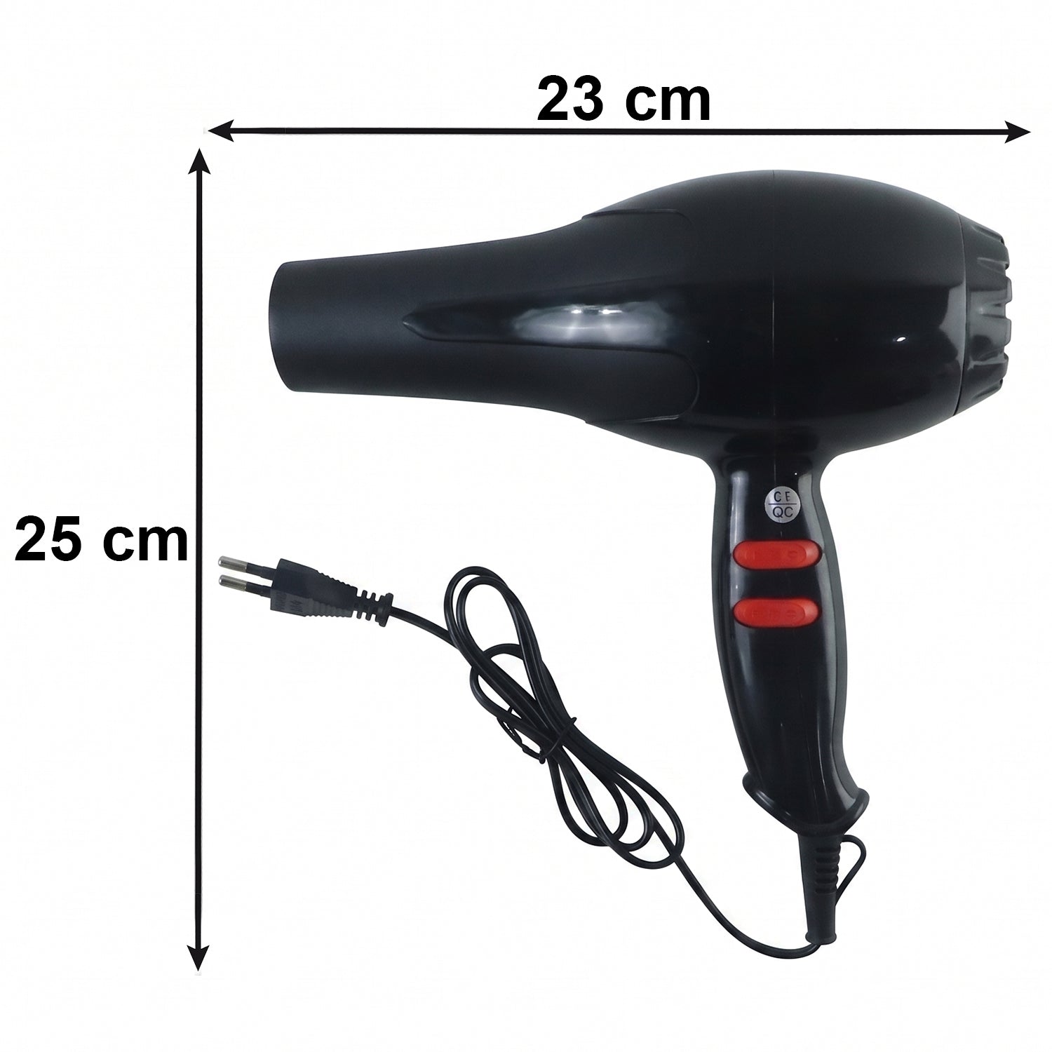 Dimensions of the portable hair dryer for size comparison.