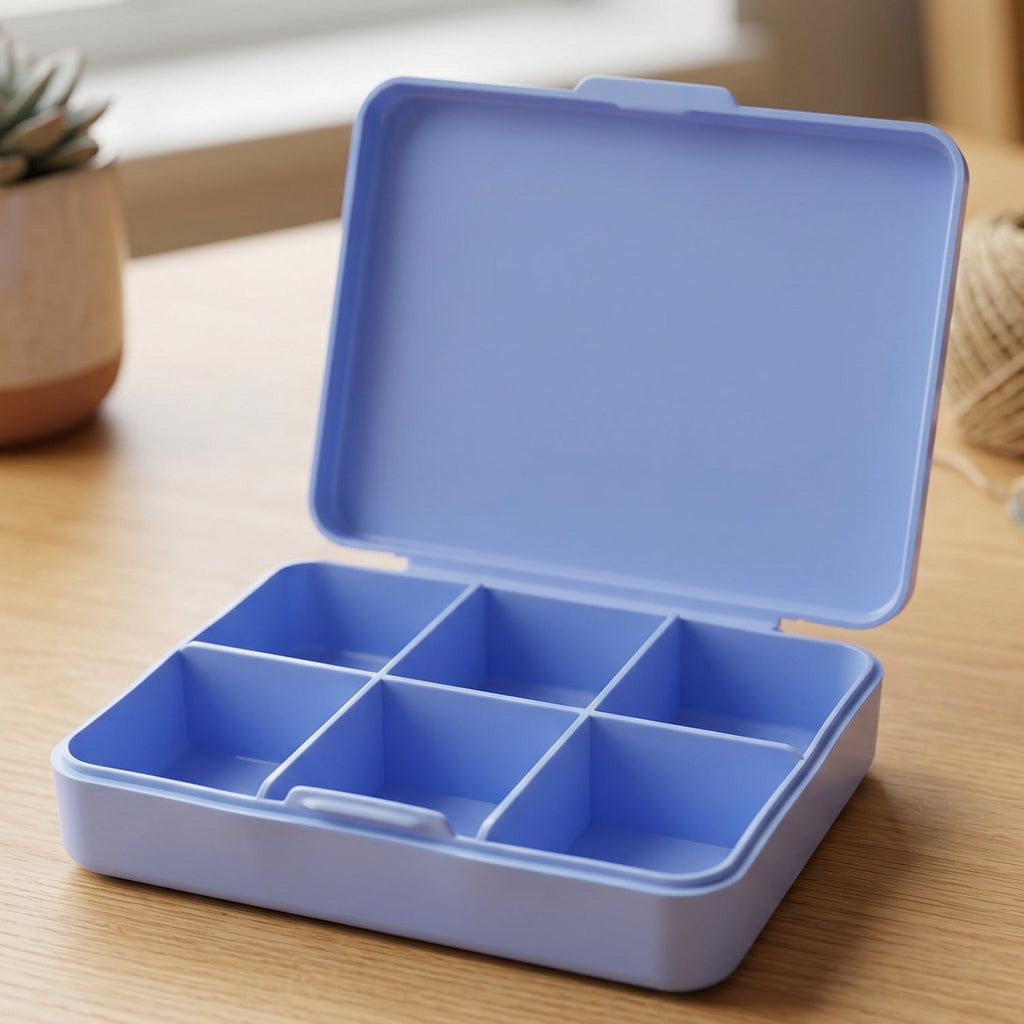 Portable 6 compartment plastic pill organizer box for daily medication management.
