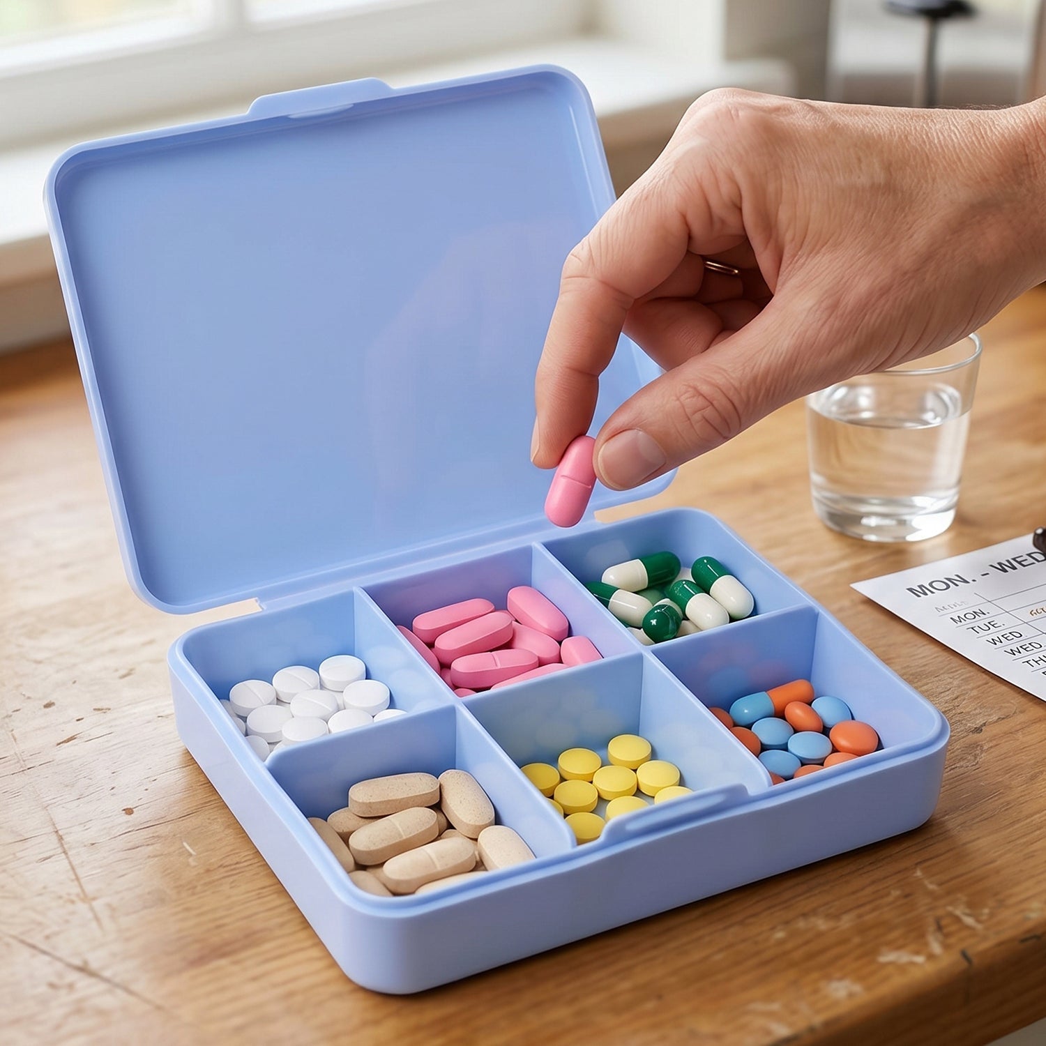 Pill organizer box neatly placed in a handbag for travel convenience.