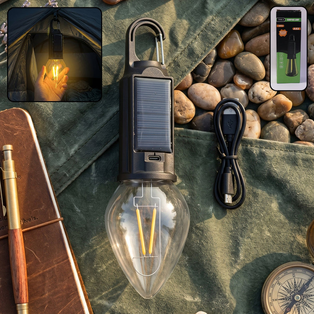 Carabiner clip attached to solar camping lantern for hanging