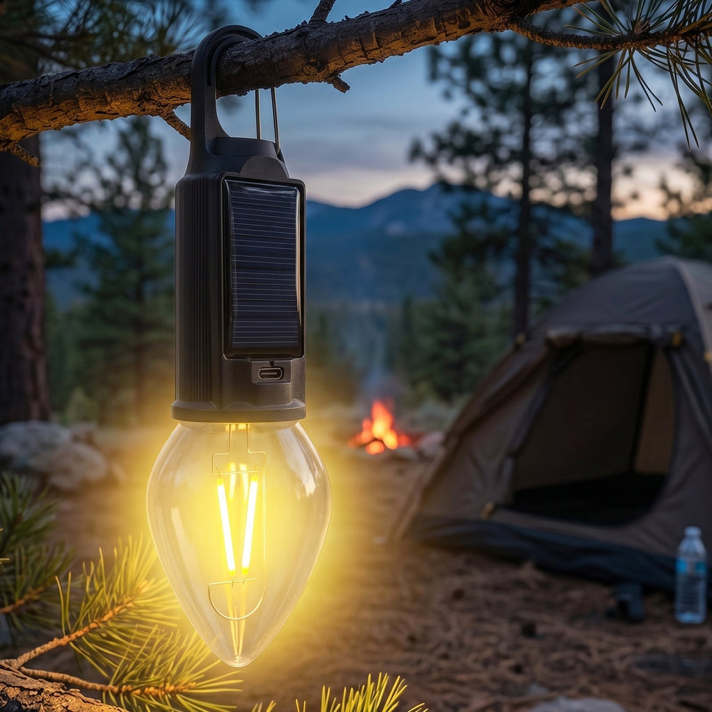 Camping lantern hanging on backpack during outdoor trip
