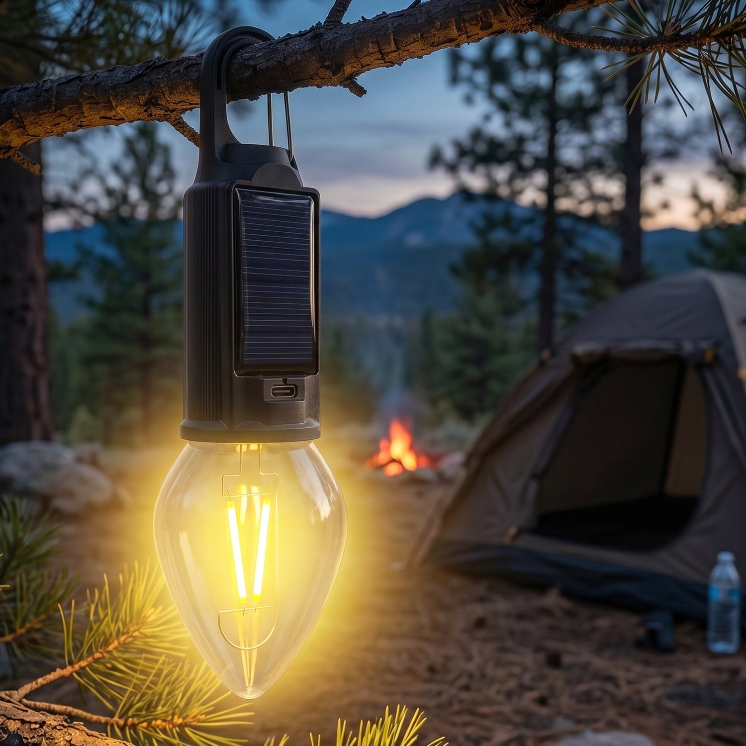 Camping lantern hanging on backpack during outdoor trip