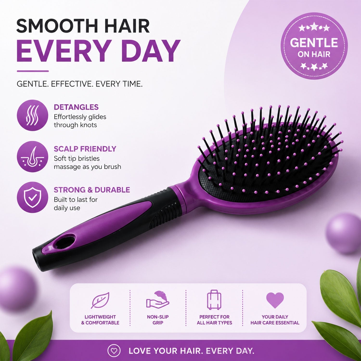 Two cushioned paddle hair brushes in packaging, suitable for all hair types
