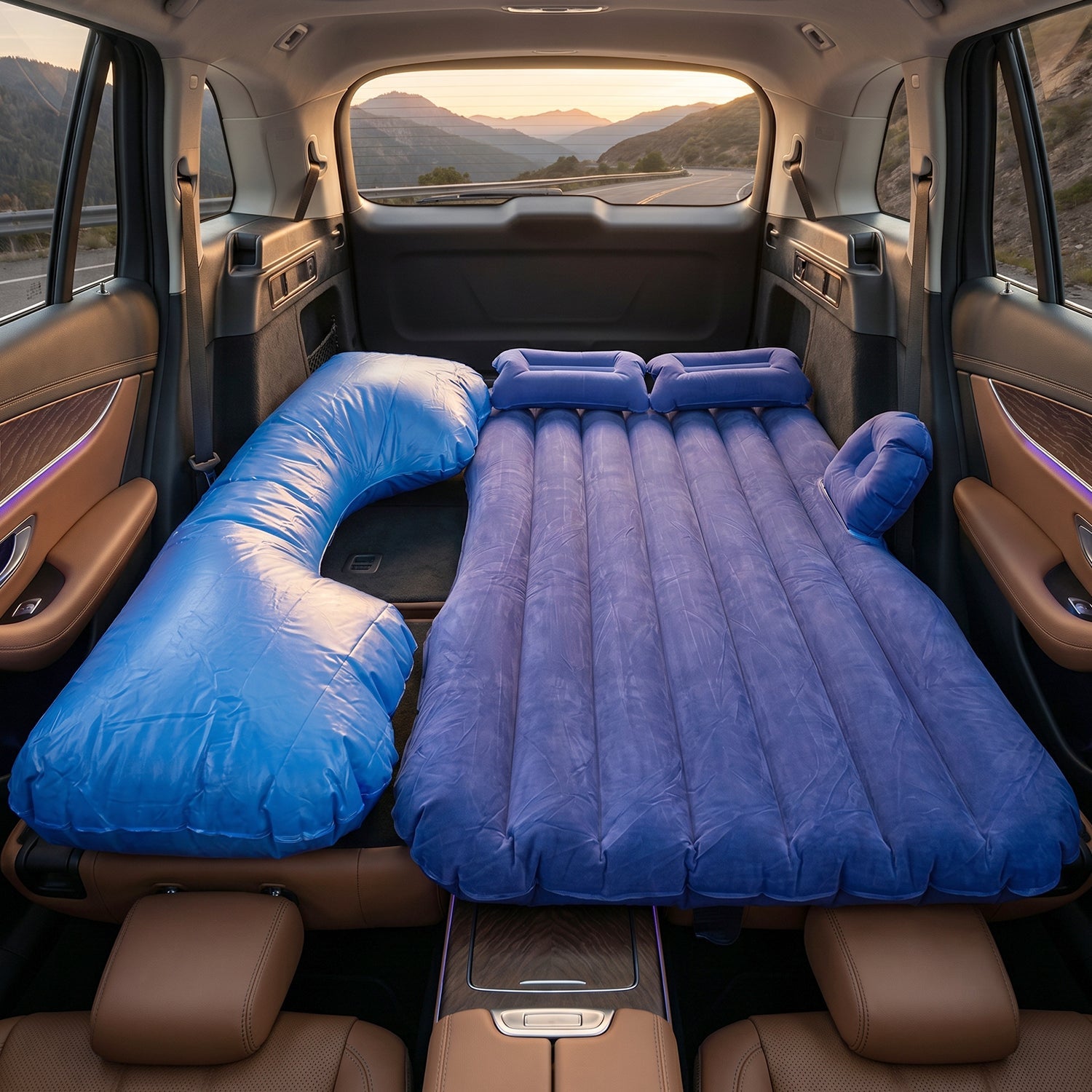 Main view of Portable Car Air Mattress Bed Set in blue showing its setup