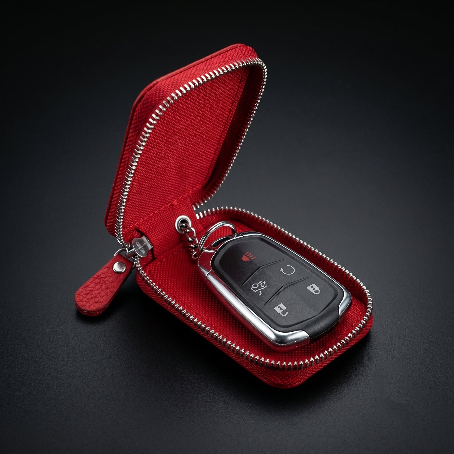 Close-up of the leather key case showing protective finish