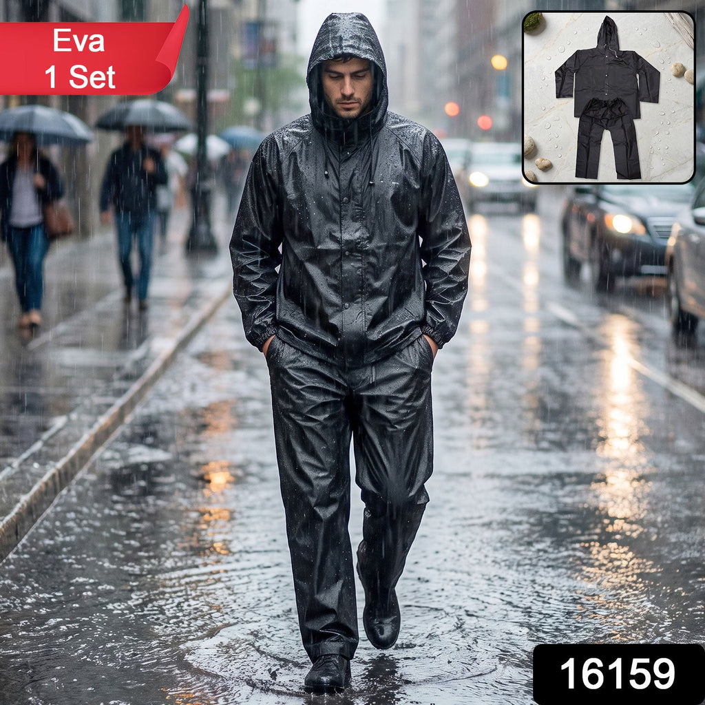Durable EVA rain suit with hood, designed for complete monsoon protection.