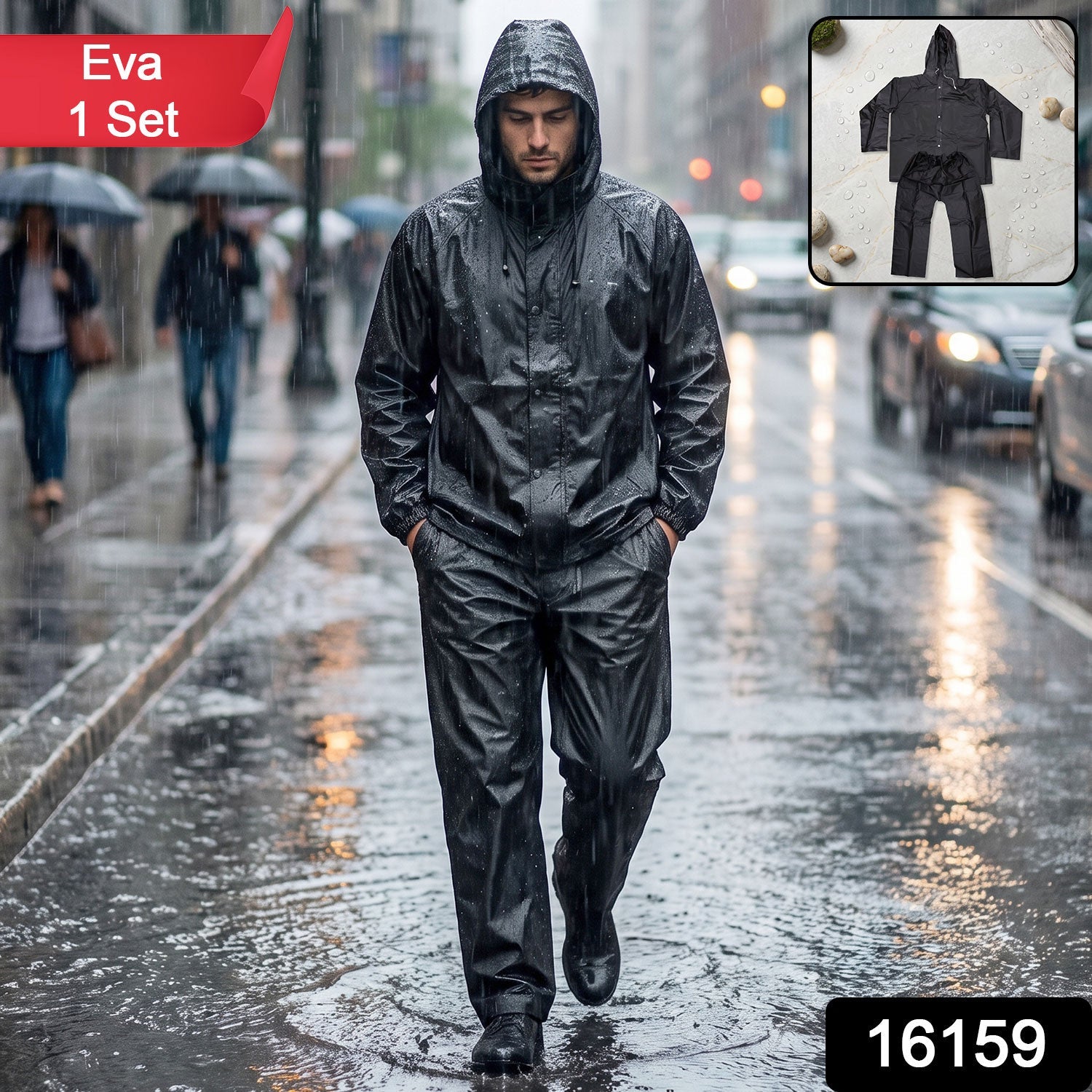 Durable EVA rain suit with hood, designed for complete monsoon protection.