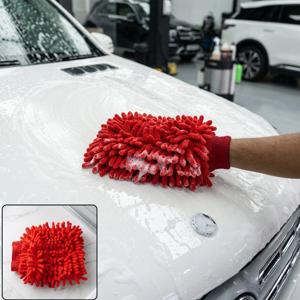Red microfiber chenille wash glove for mirror cleaning