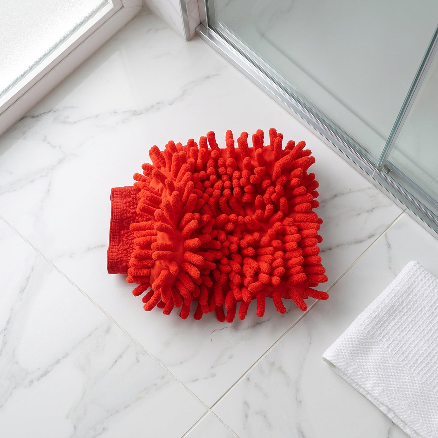 A red microfiber chenille wash glove lies on a white tiled floor next to a white towel and shower door.