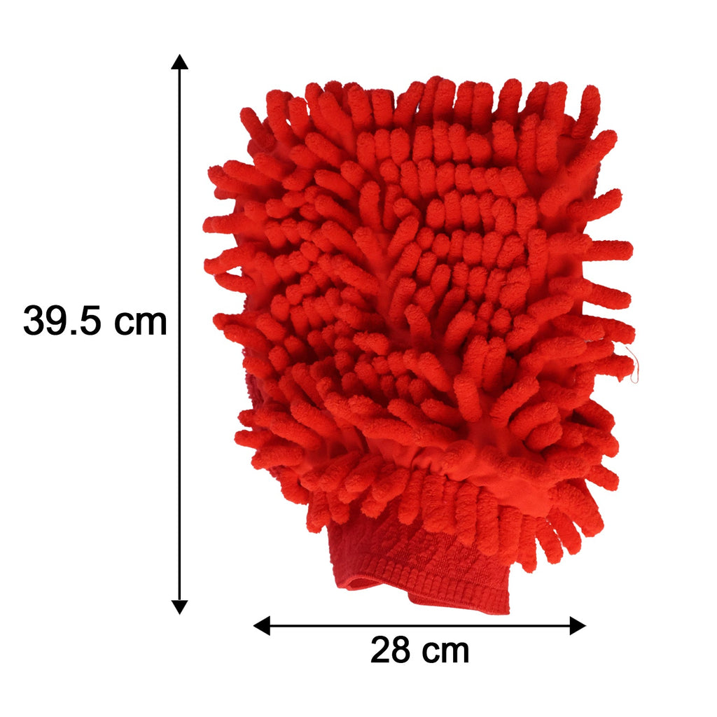 A red microfiber chenille wash glove is shown with dimensions of 39.5 cm in length and 28 cm in width.