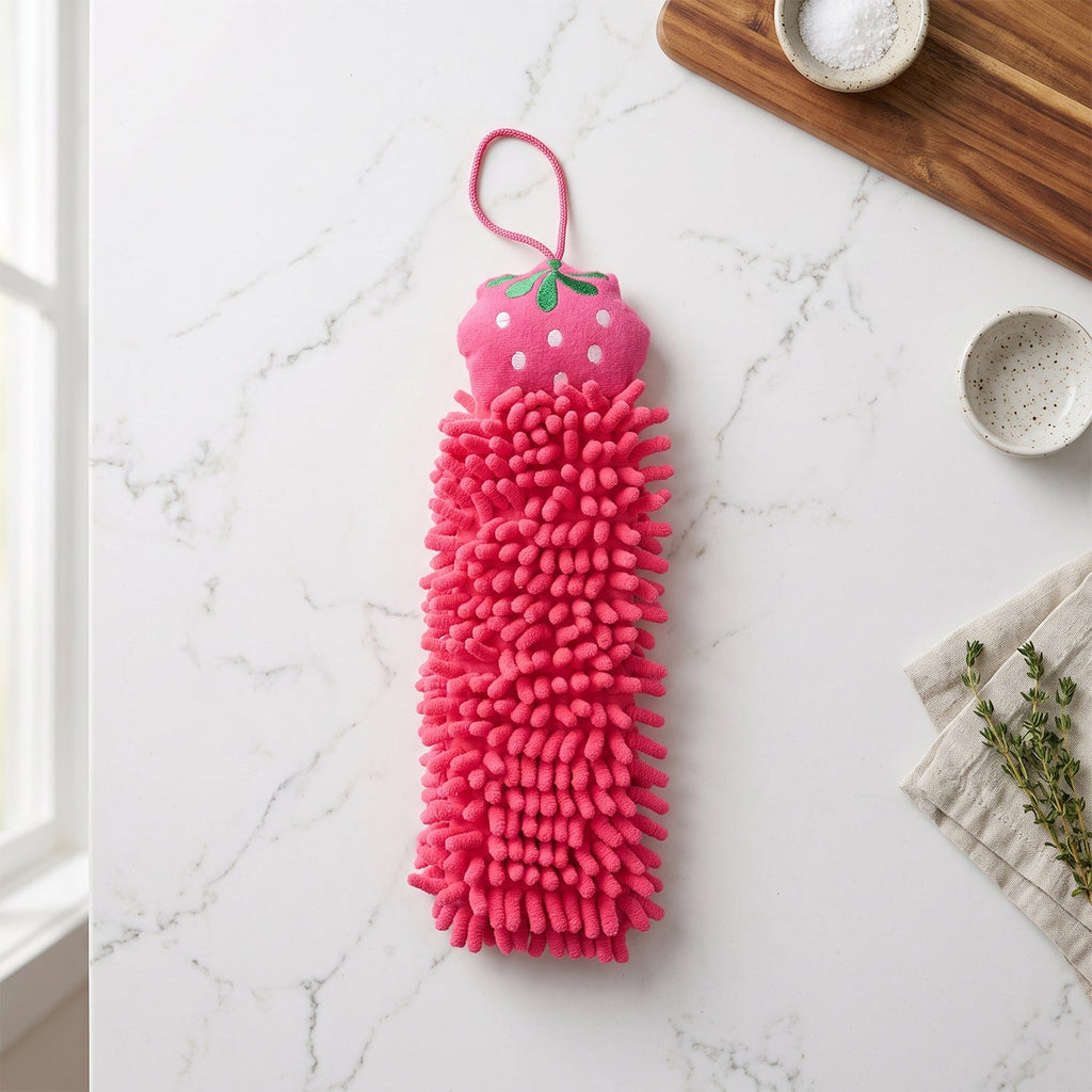 Microfiber chenille hanging hand towel product display