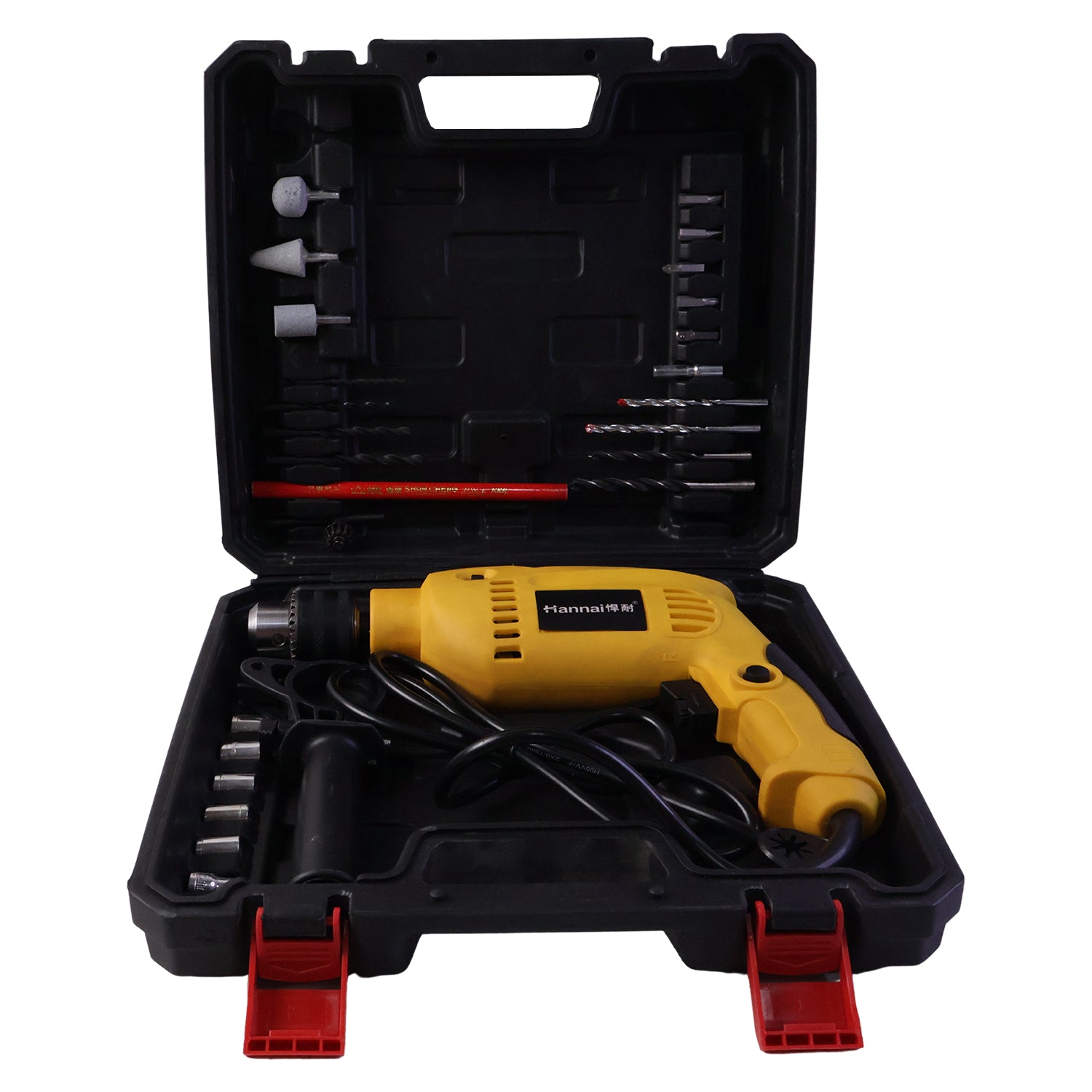 Drill machine kit carried in durable case with accessories