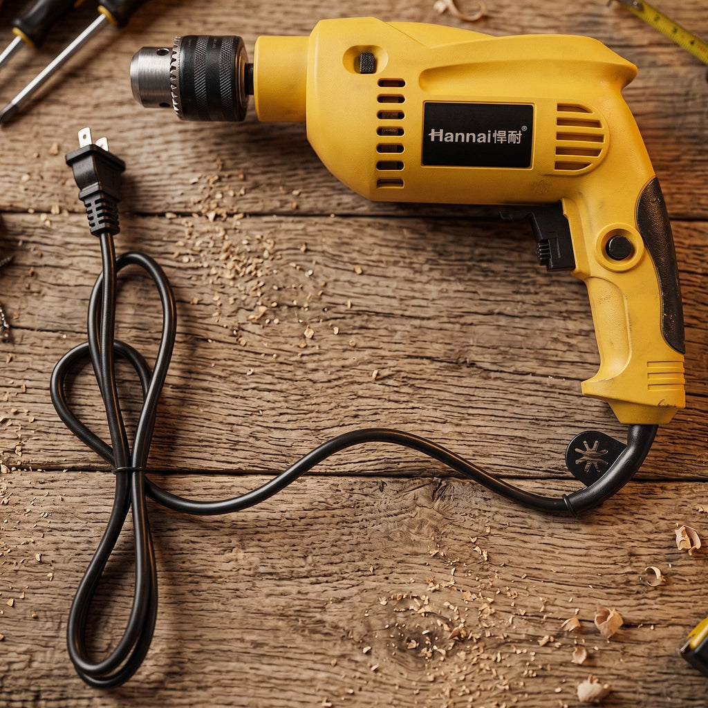 Top view of yellow corded electric drill machine