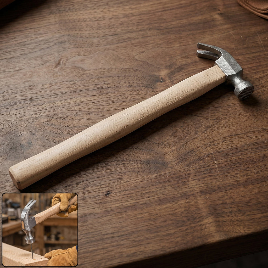 Wooden handle claw hammer with steel head for carpentry and DIY projects