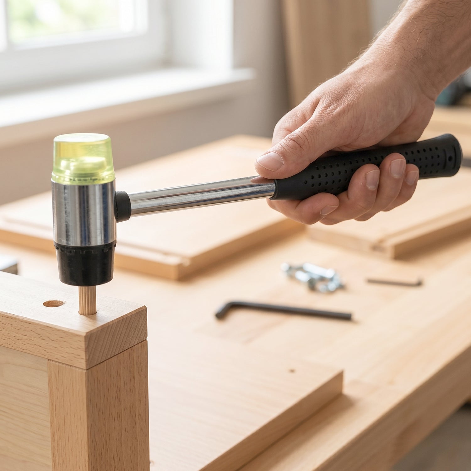 Rubber mallet hammering used for woodworking or crafts