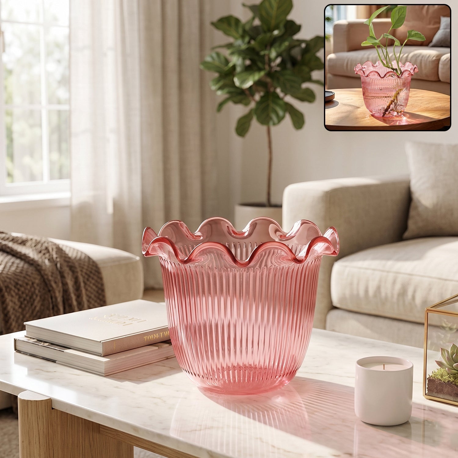 Decorative ruffled flower pot planter with scalloped rim