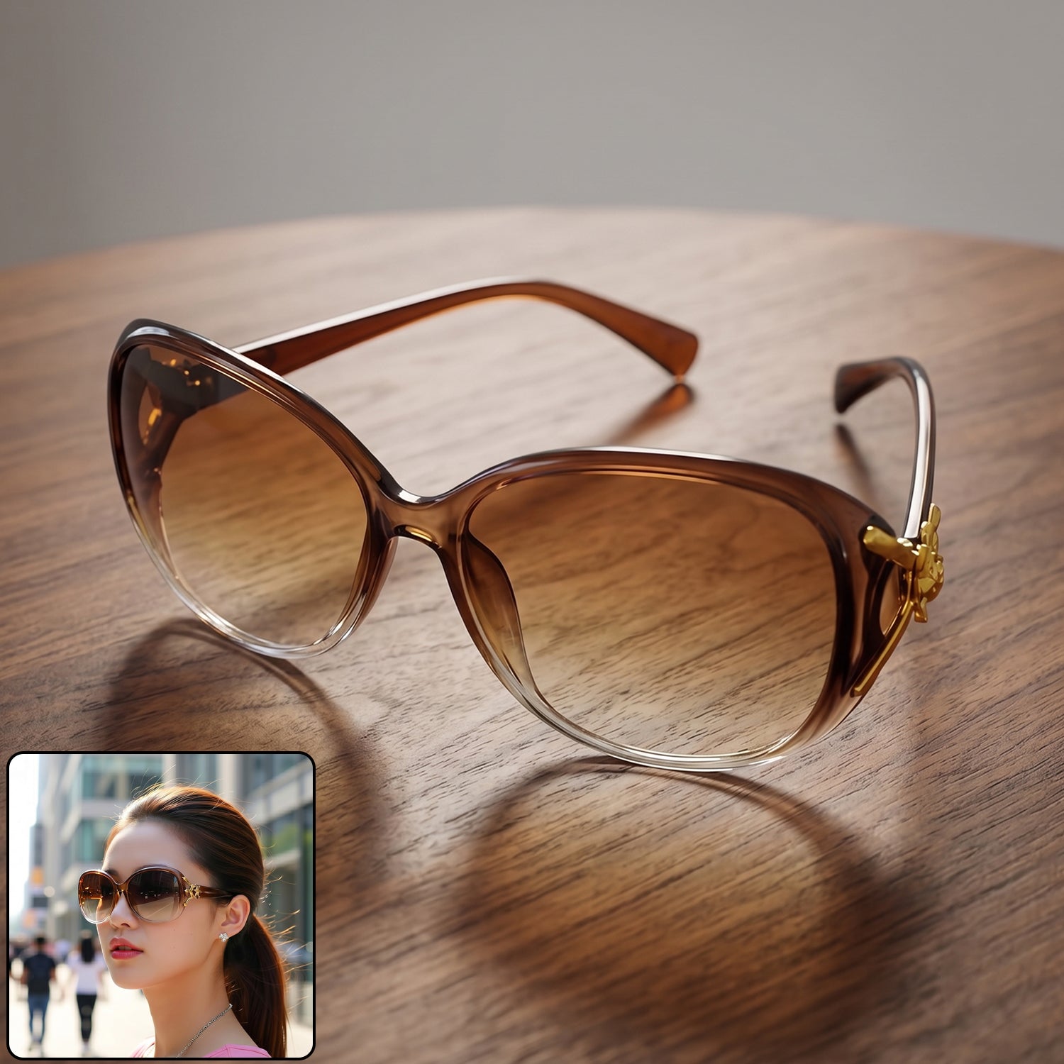 Woman wearing stylish oversized sunglasses showing their fashionable appeal.